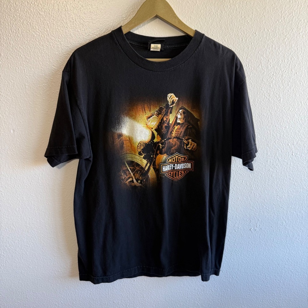Harley Davidson Size Large Black Orange Skeleton On Bike Graphic Tee Shirt